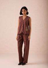 A Model Wearing Brown Cotton Twill The Bright Beginnings Organic Cotton Waistcoat, curated by Only Ethikal
